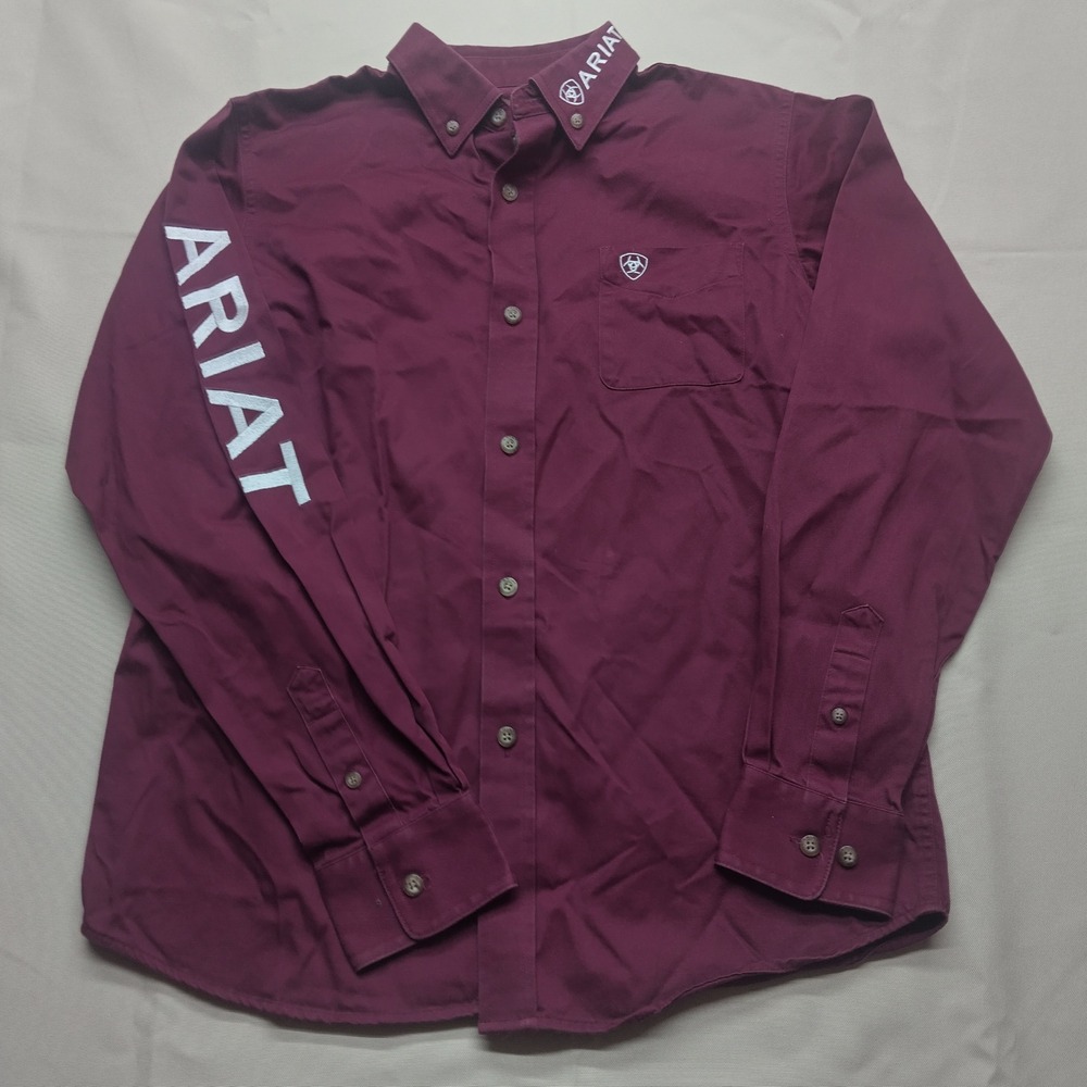 Ariat Boys L 14-16 Burgundy Long Sleeve Logo Western Button Down Shirt Maroon